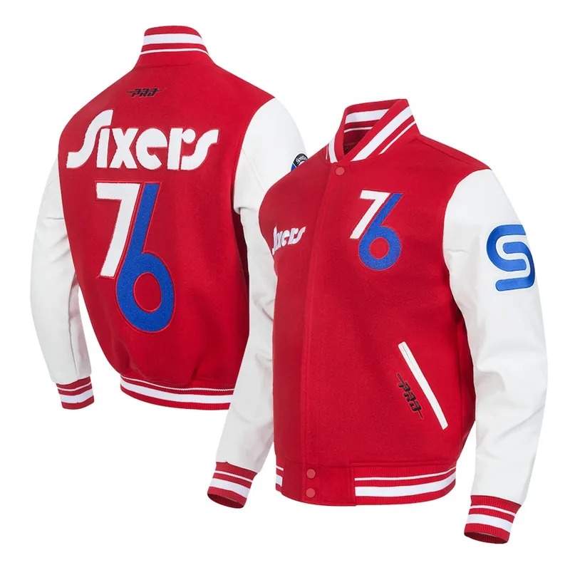 Philadelphia 76ers 2024/25 City Edition Chenille Red Varsity Jacket 5 5 philadelphia 76ers 2024 25 city edition red and white varsity jacket