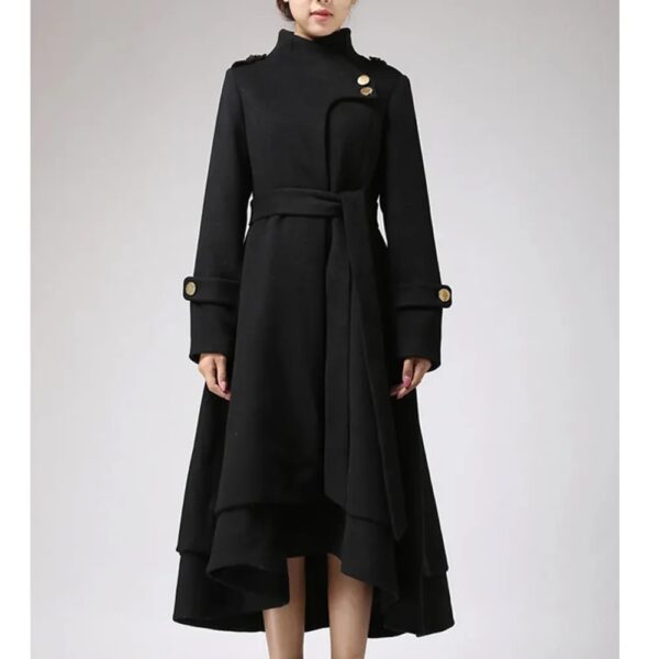 Women Asymmetrical Hem Black Swing Wool Coat