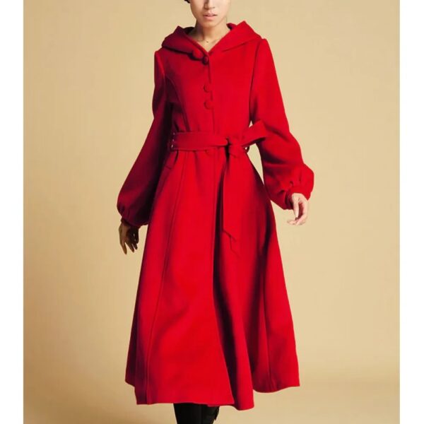 Women Red Swing Wool Coat with Big Hood