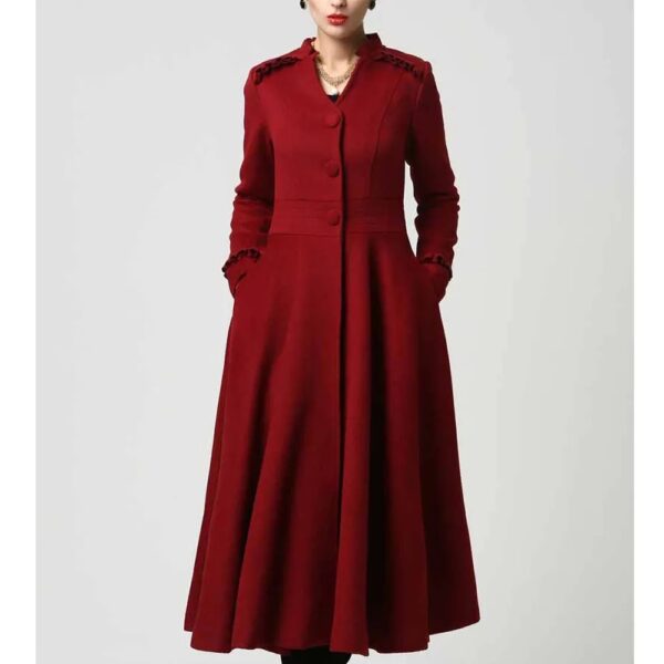 Women Long Wool Coat with Ruffle - Image 2