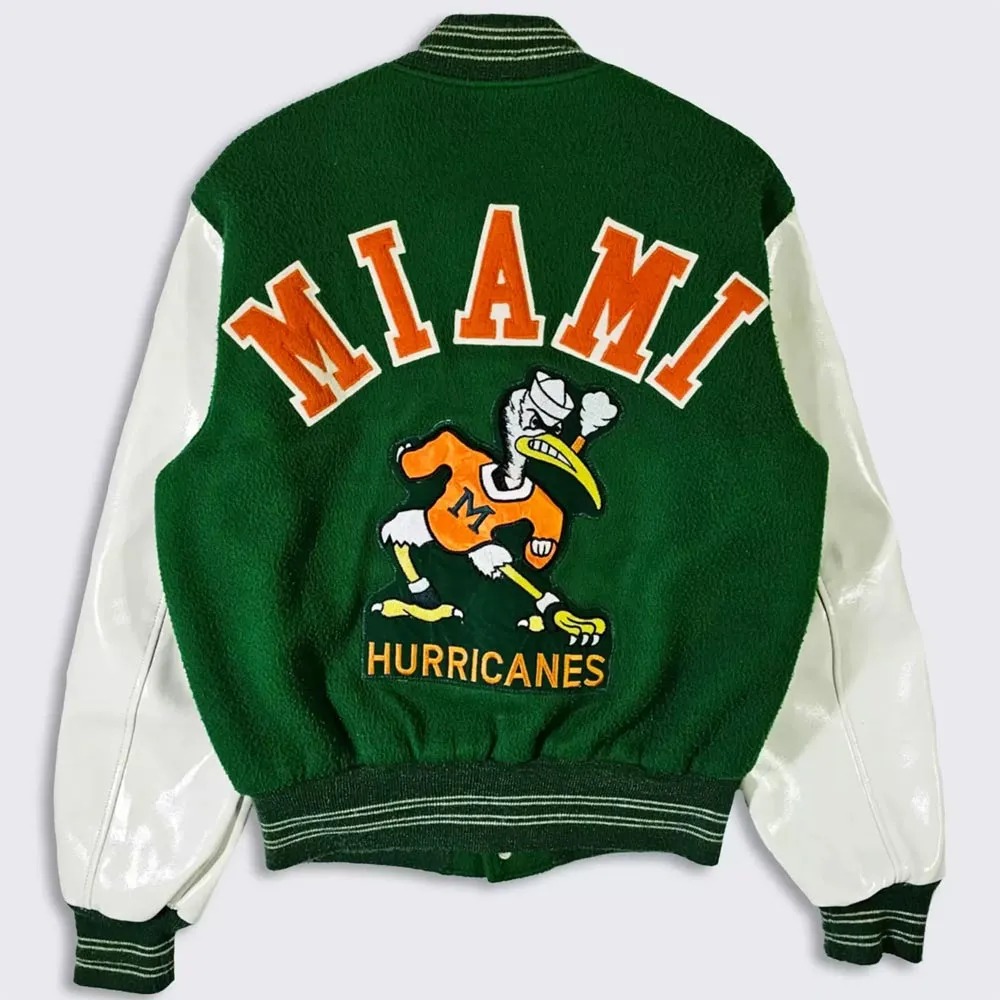 70 s Miami Hurricanes Green and White Varsity Jacket 1000x1000fit