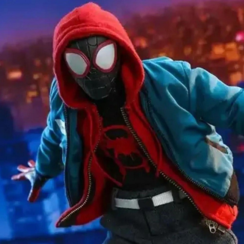 miles morales into the spider verse jacket with red hoodie